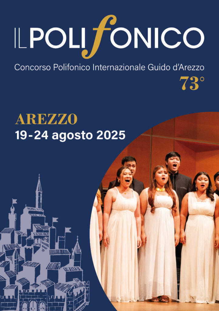 Manifesto del 73° Concorso Polifonico Internazionale Guido d'Arezzo, tenutosi ad Arezzo dal 19 al 24 agosto 2025, con un coro che canta sul palco e uno sfondo blu con un'illustrazione di Arezzo.